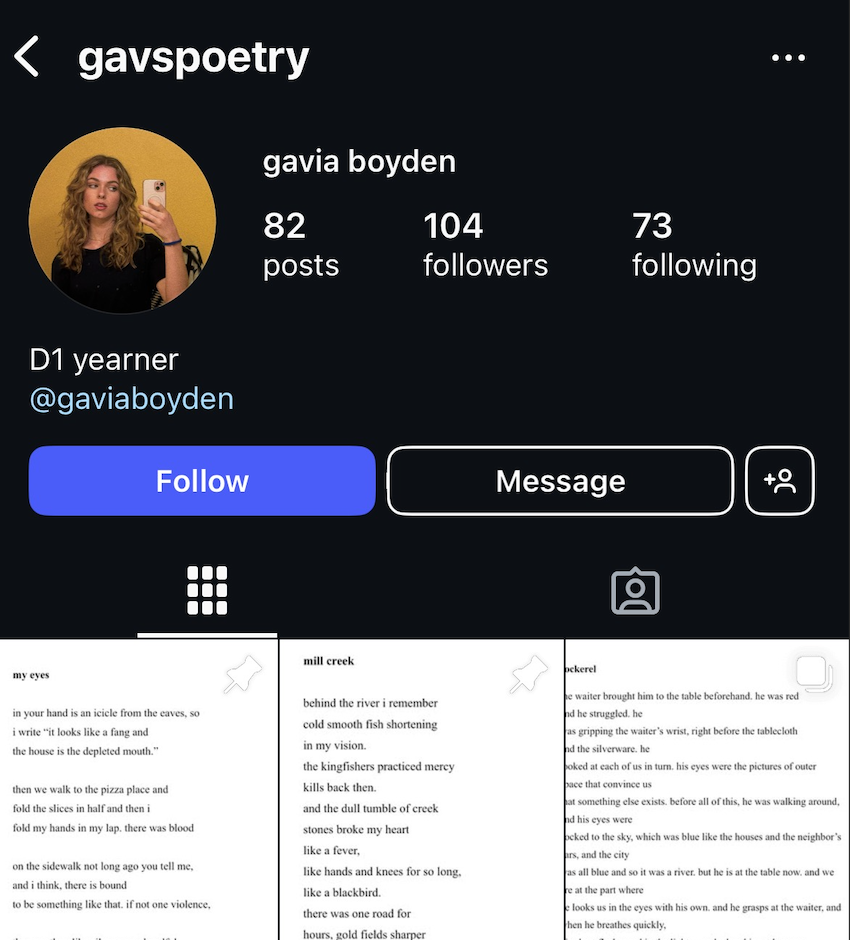 Gavia Boyden's poetry Instagram page and recent posts